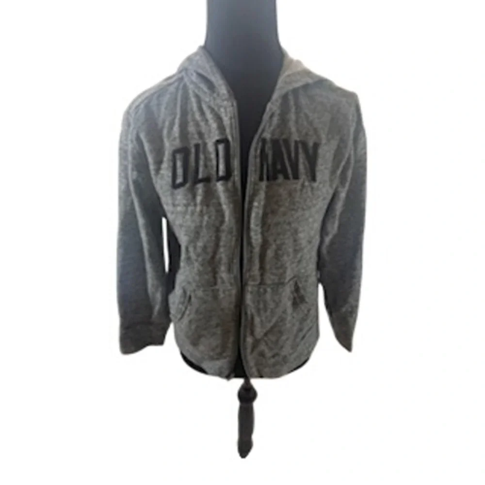 Old Navy Boys‎ Gray Zip Up Hoodie Logo Sweatshirt Size L 10-12 Heathered Fleece